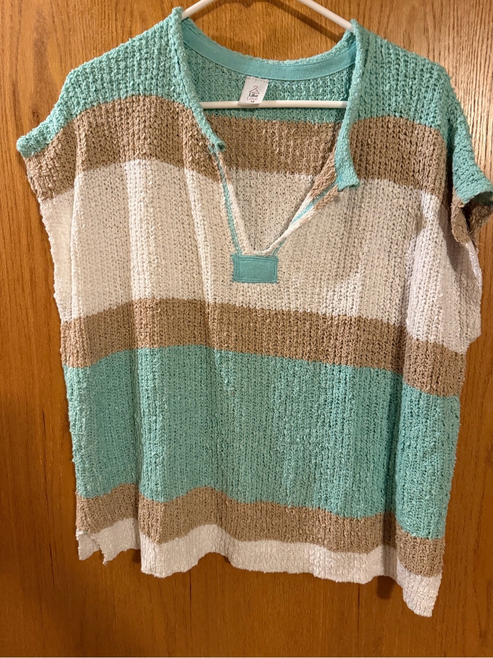 Relaxed V-Neck Striped Knit Tunic - Aqua, Cream & Tan